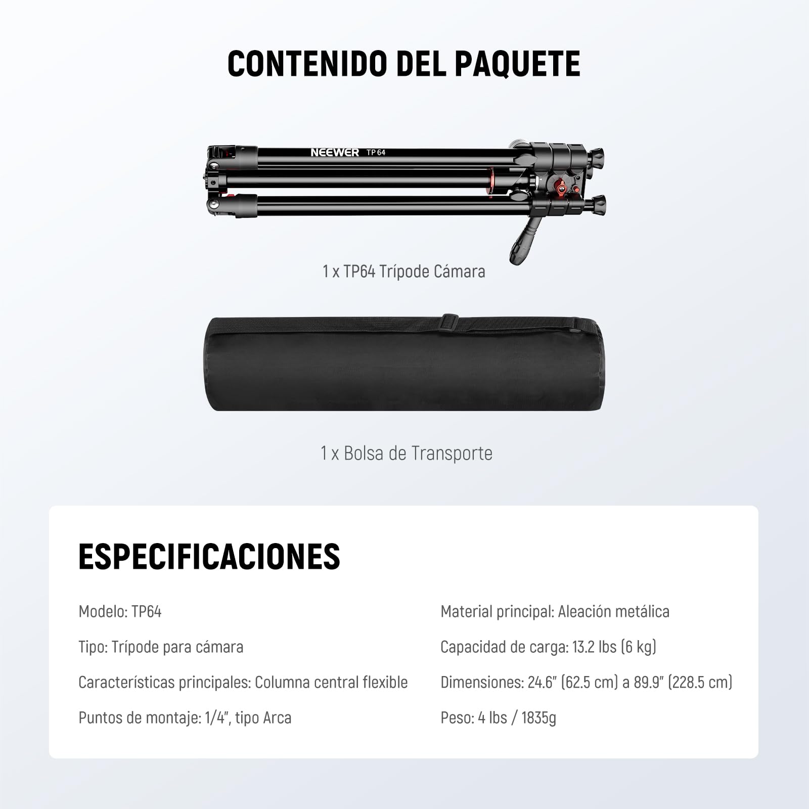 NEEWER Overhead Trípode Monopié Horizontal Cámara con Cabeza Fluida & Columna Central Flexible, 90 Inch Metálico DSLR Video Soporte Viaje, Placa QR Arca & Patas Invertidas, Carga Máxima 13,2lbs, TP64