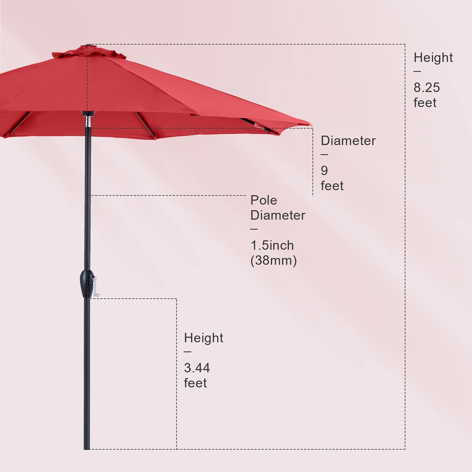 Tempera 9 ft Auto-Tilt Patio Umbrella Outdoor Patio Table Umbrella with 8 Sturdy Ribs, Rust Red