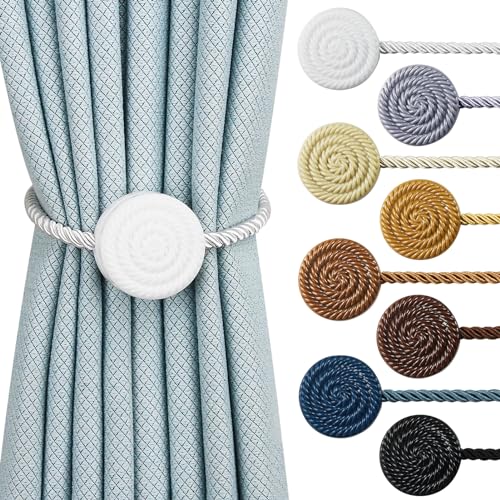 Hangtty Magnetic Curtain Tie Backs 4 Pack Rope Curtain Tiebacks Decorative Curtain Holders for Drapes Window Treatment Holdbacks Home Outdoor Curtain Tiebacks, White