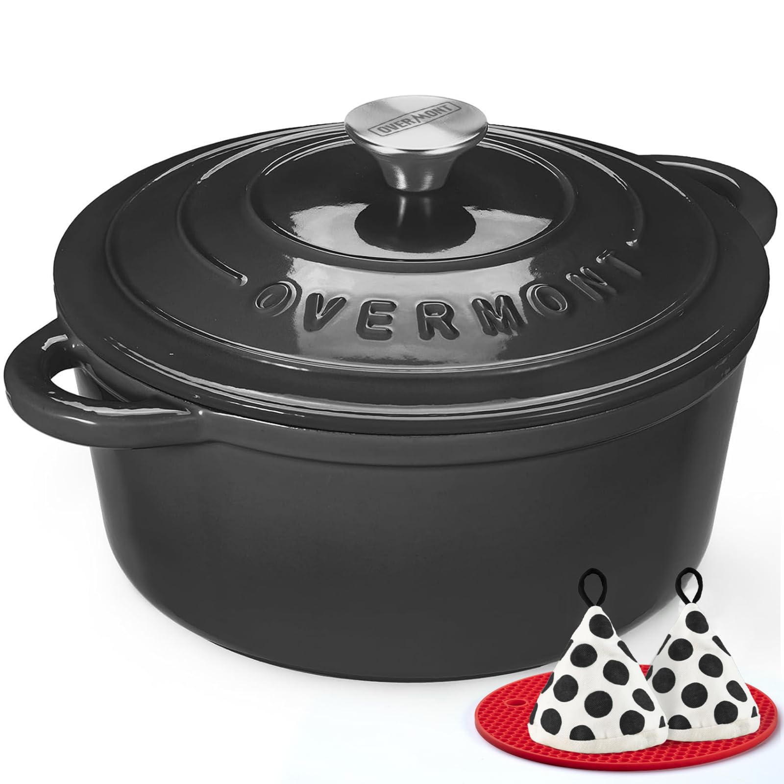 Overmont 26cm/5.2L Enamelled Cast Iron Round Casserole Dish With Lid,5.5QT, Cookbook -Non-stick Dutch Oven for Braising, Stews, Roasting, Bread Baking - Graphite gray