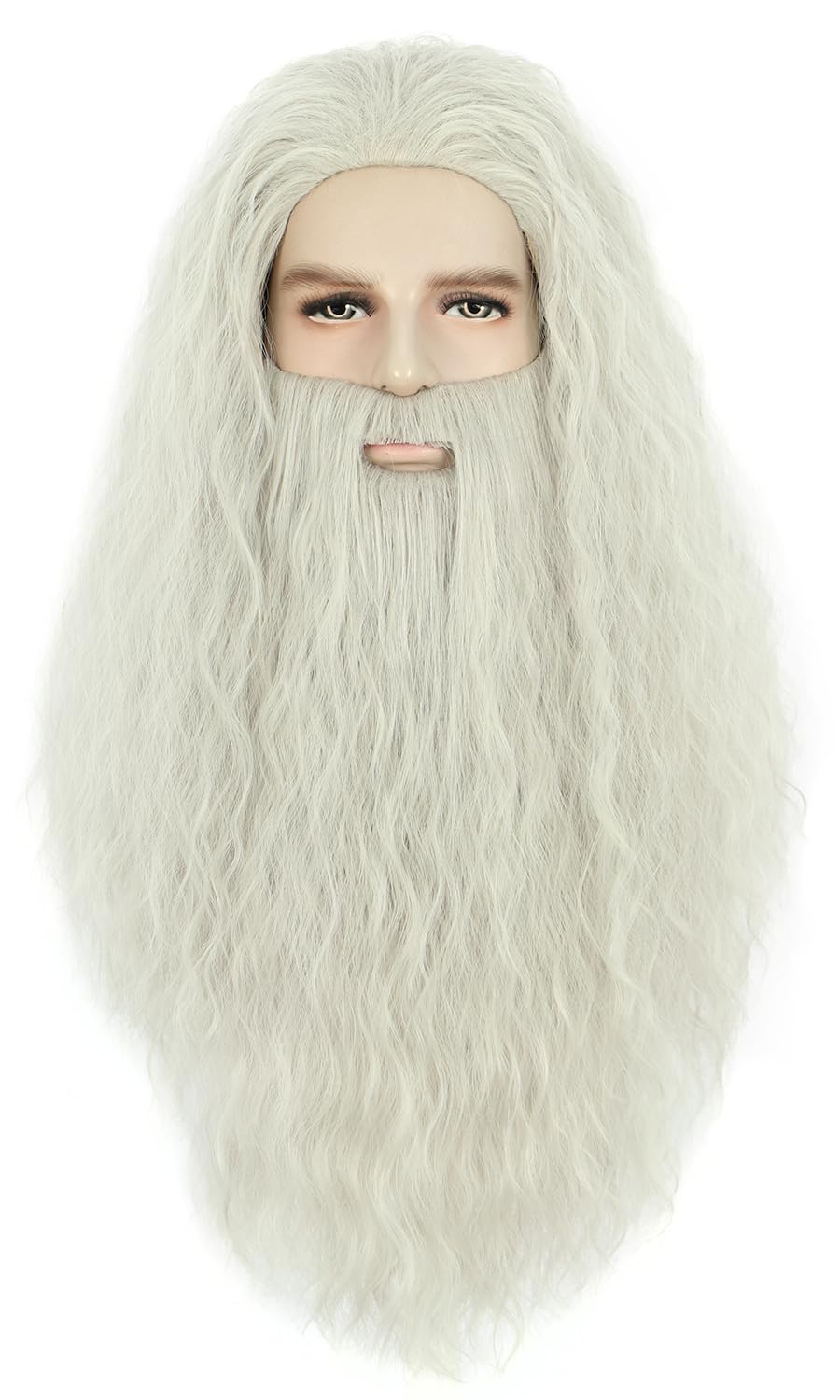karlery Men Long Curly Grey Wizard Wig and Beard Halloween Cosplay Costume Accessory Wig, gray, 54-62 cm
