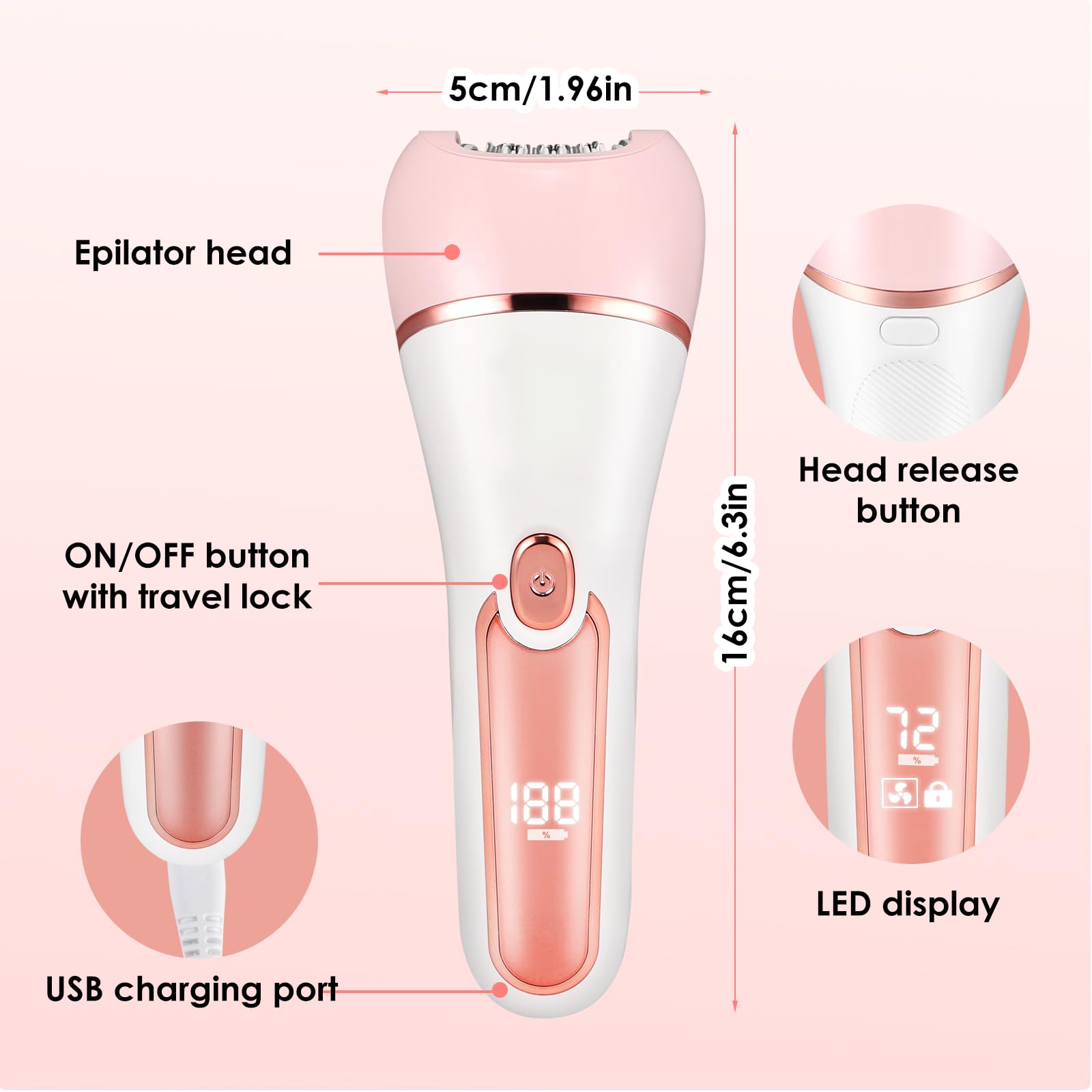 Epilatore Elettrico 6 in 1 Donna Viso Senza Fili - Display LED Ricaricabile Wet and Dry Con Spazzola Esfoliante, Pulizia e Testa Massaggio (Rosa)