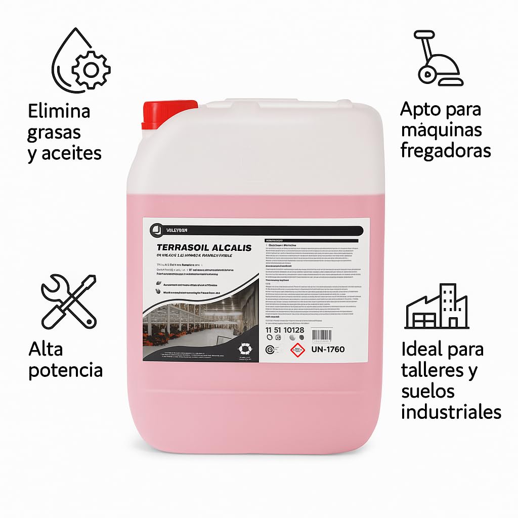 Terrasoil Alcalis – Desengrasante Industrial Alcalino Concentrado 25L | Limpieza Profesional de Suelos, Talleres y Máquinas Fregadoras | Elimina Grasas, Aceites y Residuos Difíciles