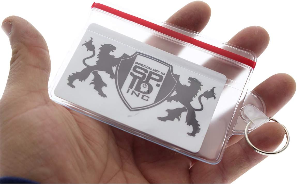 Bulk 100 Pack - Water Resistant Resealable Badge Holders with Key Ring and Zip Seal for College Student ID, Fuel Card ID Badge - Keychain Card Holder by Specialist ID