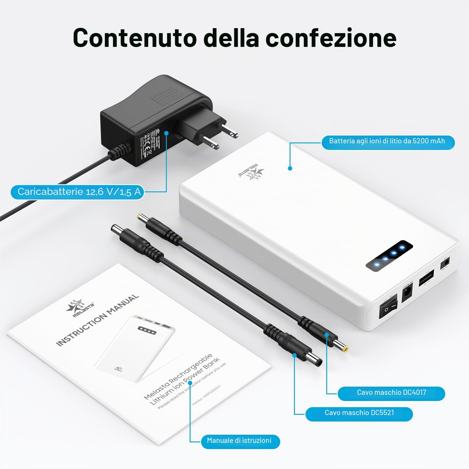 melasta Batteria Esterna 5200mAh 12V/5A/DC 9V/1.5A/DC 5V/2A USB Powerbank Compatibile con Display LED, 1 Ingressi e 3 Uscite Caricabatterie Portatile per Smartphone, Tablet, DVR auto, CCTV Telecamera