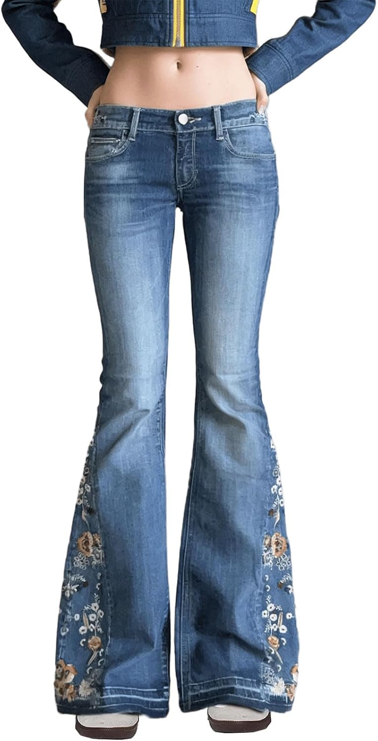 Low Waisted Flared Jeans for Women Stretch Denim Bell Bottom Pants Y2K Retro Casual Baggy Jeans