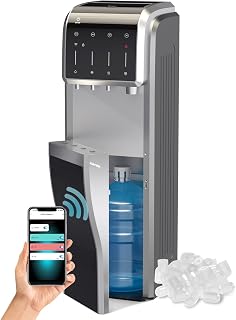 ICEPURE 5-in-1 Water Cooler with Ice Maker, Bottom Load for 5 Gallon Bottle, WIFI, Bullet and Crushed/Chewable Ice, 35lbs/24H, Hot and Cold Water, Water Dispenser Built-in Ice Machine, Stainless Steel