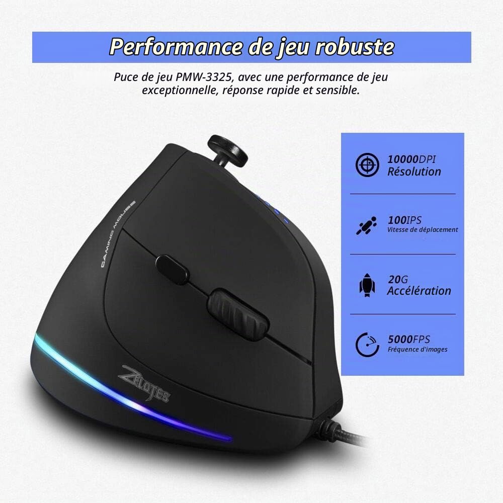 Souris Ergonomique Filaire Verticale Gamer - 10000 DPI Capteur PAW3325, Souris avec Fil Joystick 5 Directions, Mouse 11 Touches Programmables, Anti-Tunnel Carpien pour Jeu FPS/MOBA/MMO/PC/Bureau