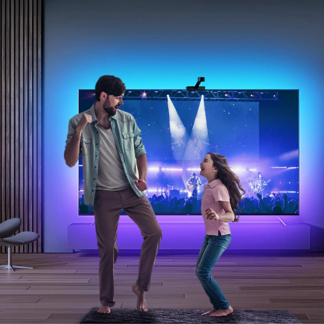 SPACE DOG Retroilluminazione TV LED Smart con fotocamera, sincronizzazione per TV da 140-165 cm, lunghezza 3,8 m, striscia LED TV Wi-Fi RGBICW, controllo vocale e app (3,8 m (per TV da 140-165 cm))