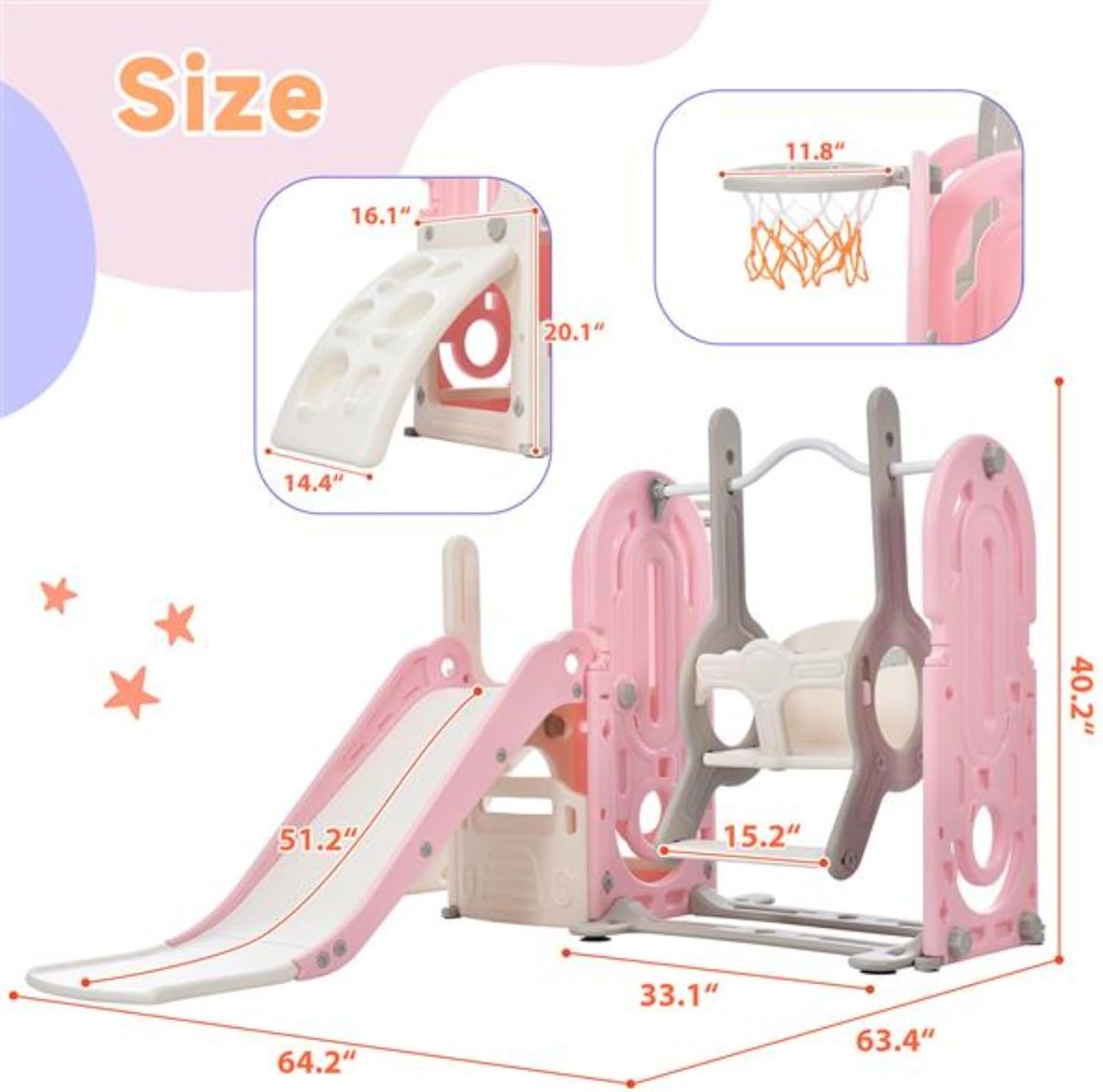 5 in 1 Climbing Frame and Slide Set, Free-Standing Slide Toy Set, Children's Playground Climbing Frame, Ladder, with Basketball Hoop Combination, Swing, Suitable for Indoor and Outdoor