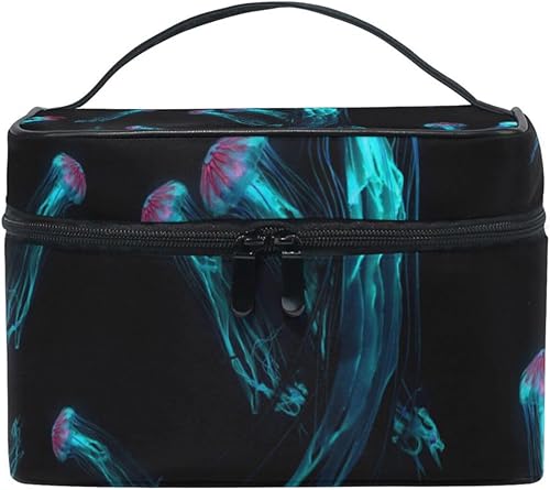 OTVEE Bolsa de cosméticos de medusas brillantes de neón azul, organizador de maquillaje, neceser de viaje para mujer, Medusa resplandor neón azul