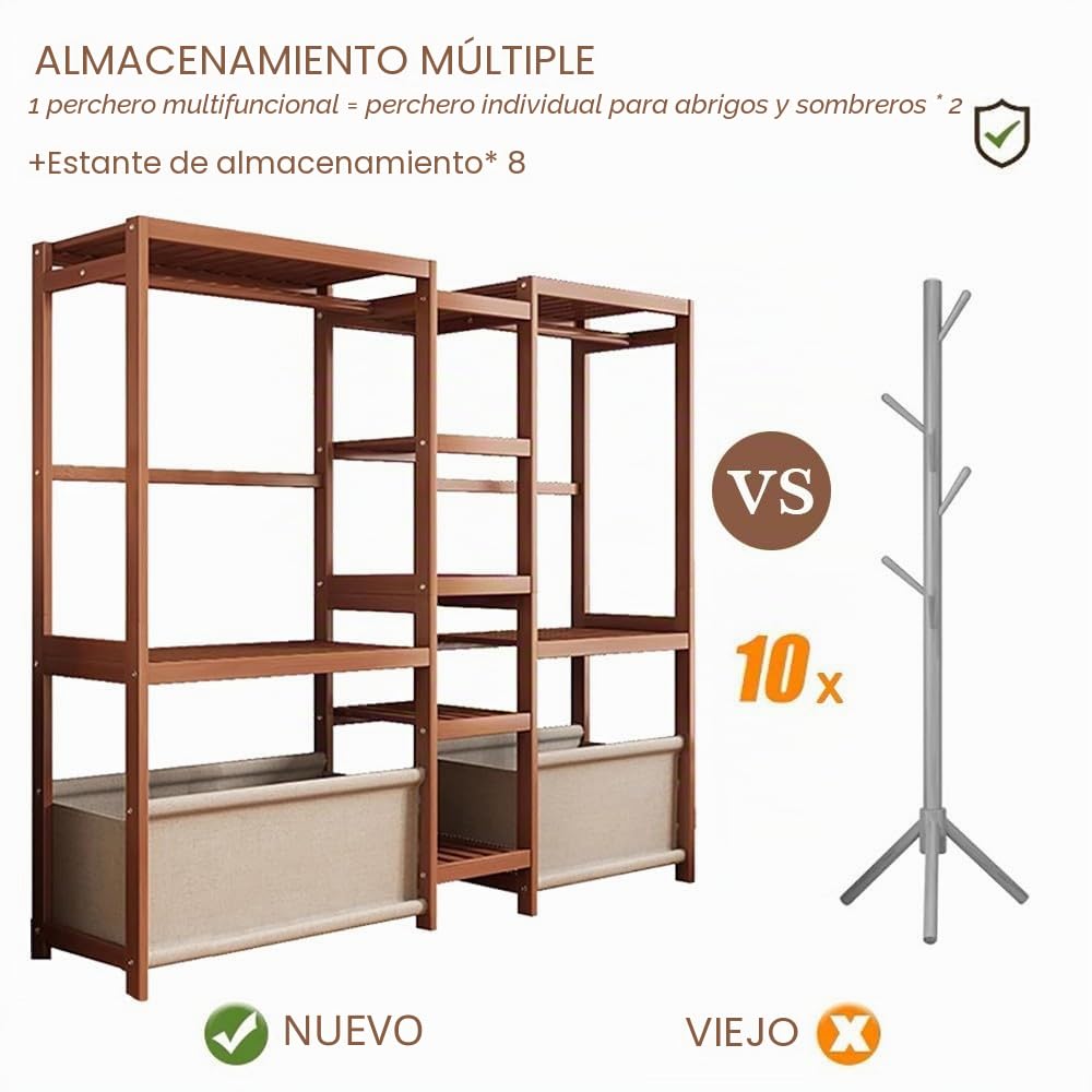 Perchero Burro Madera, Percheros de Ropa Resistente,Multifuncional Burro Ropa, Armario Abiertos,Perchero de Pie con Estantes y Bolsas de tela para Dormitorio Entrada