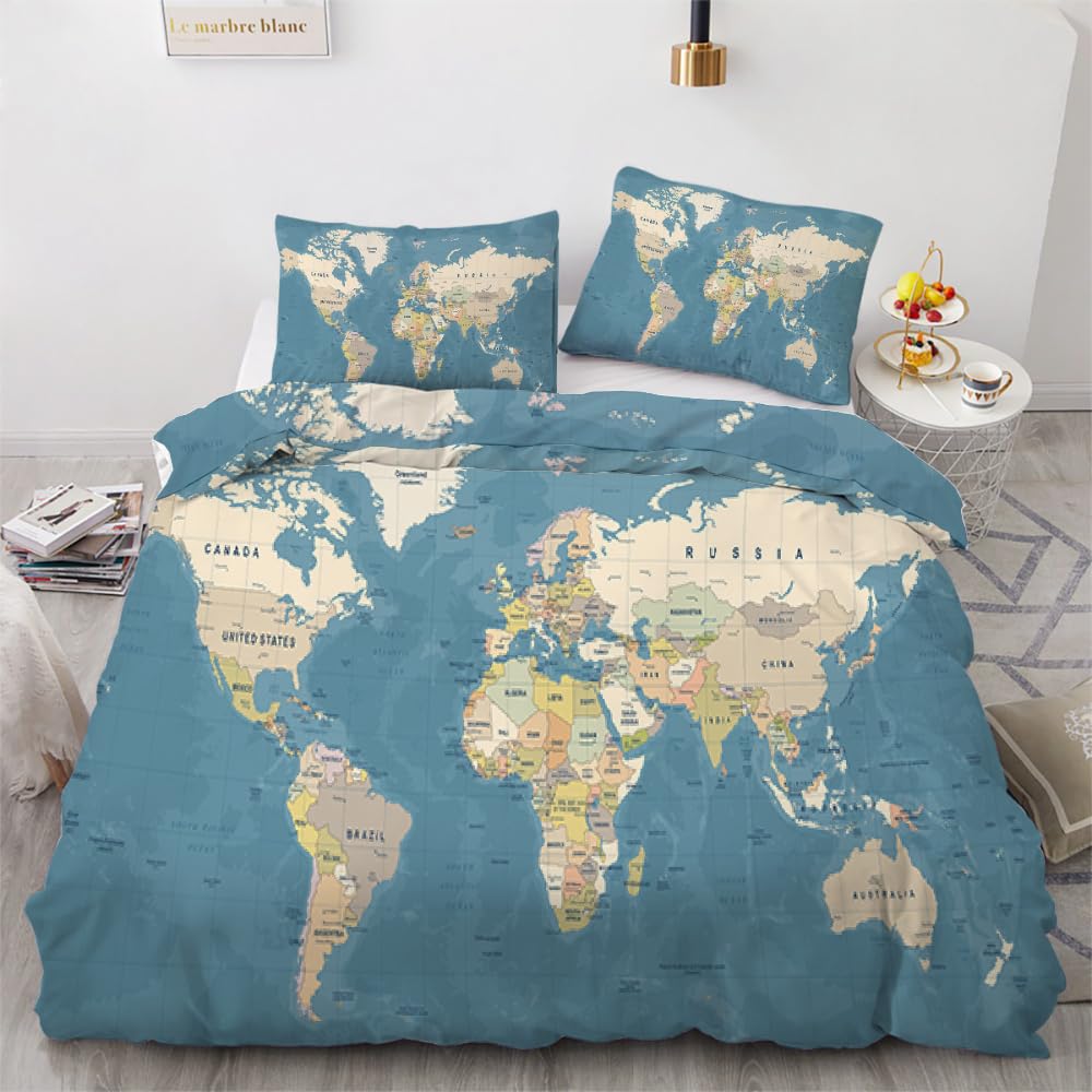 MARBRE 3D Bettwäsche Weltkarte 135x200 cm 2teilig 100% Mikrofaser Kinderbettwäsche Ozean Wendebettwäsche mit Reißverschluss Bettwäsche-Sets mit Kissenbezüge 80x80（Image 16-20）