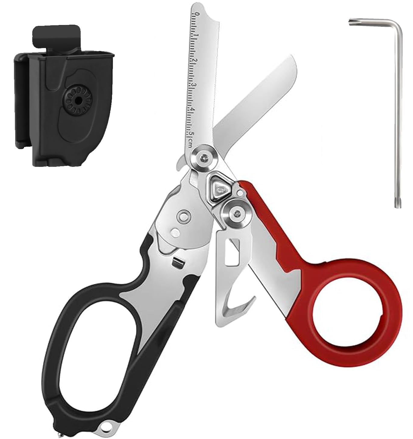Blyxon Black Red 6 In1 Multifunction Emergency Response Shears, Tactical Folding Trauma Shears, Outdoor Camping Rescue Scissors Tools With Utility Holster (Black Red)