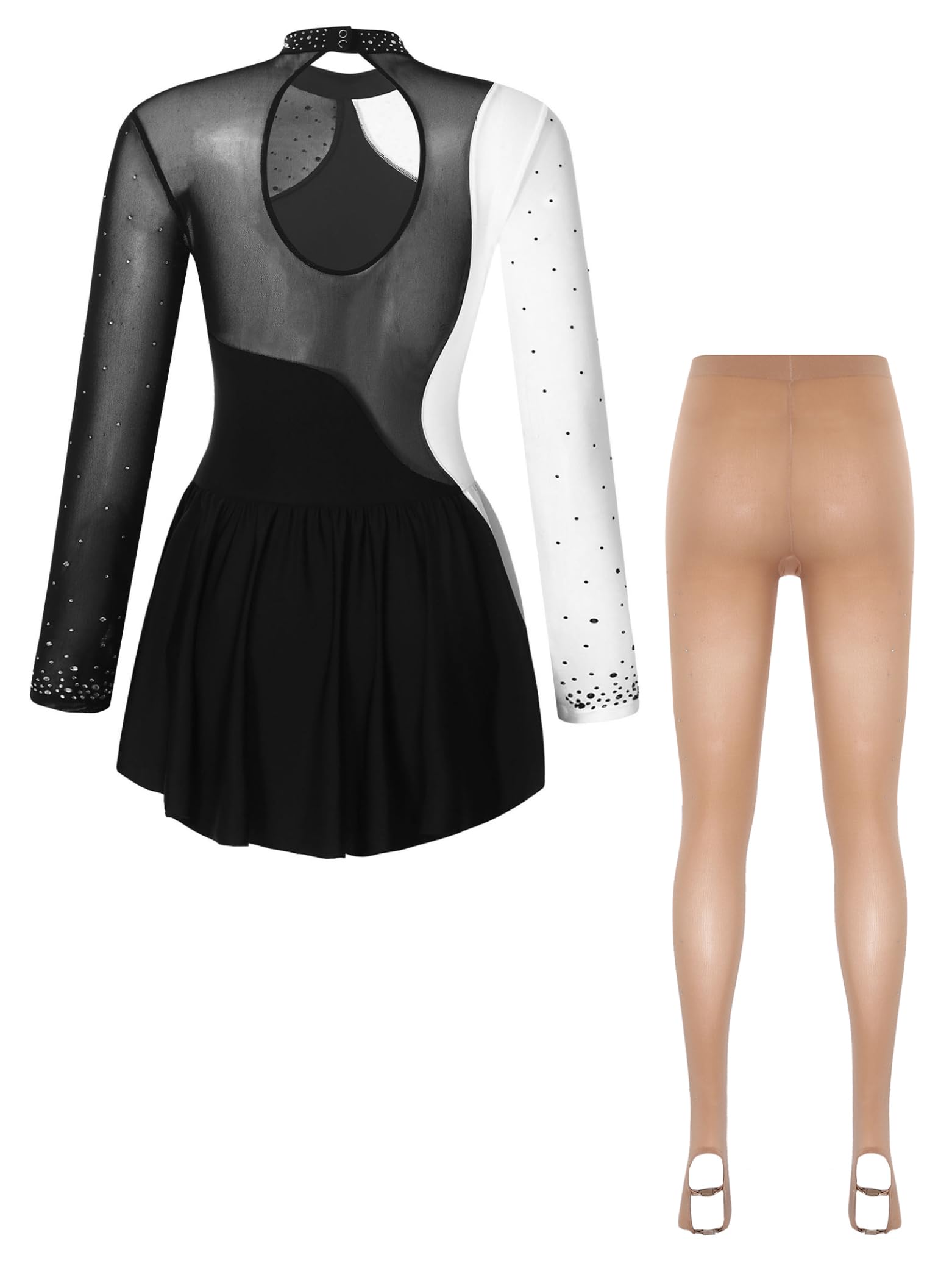 Jugaoge Vestidos de patinaje artístico para mujer, manga larga, brillantes, vestidos de baile, bloque de color, traje de gimnasia, tutú, con medias de baile, pantalones de danza