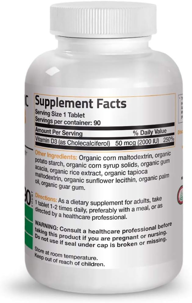 Bronson Vitamin D3 2,000 IU for Immune Support, Healthy Muscle Function & Bone Health, High Potency Organic Non-GMO Vitamin D Supplement, 90 Tablets
