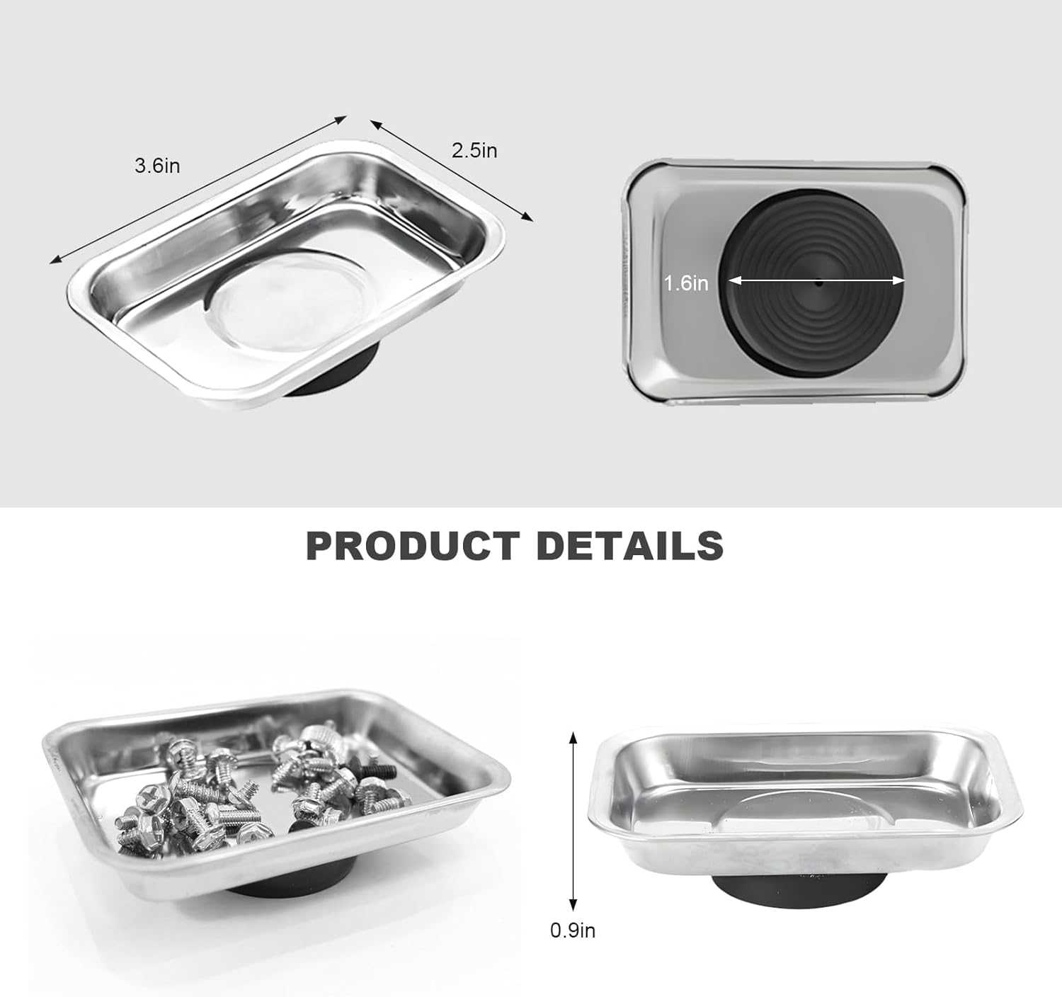 2 PCS Magnetic Tray Holders, Stainless Steel 3.6"x2.5" Rectangle Trays Metal Parts Holder with Strong Magnet, Heavy Duty Thickened Trays for Screws Bolts Nuts Washers Pins