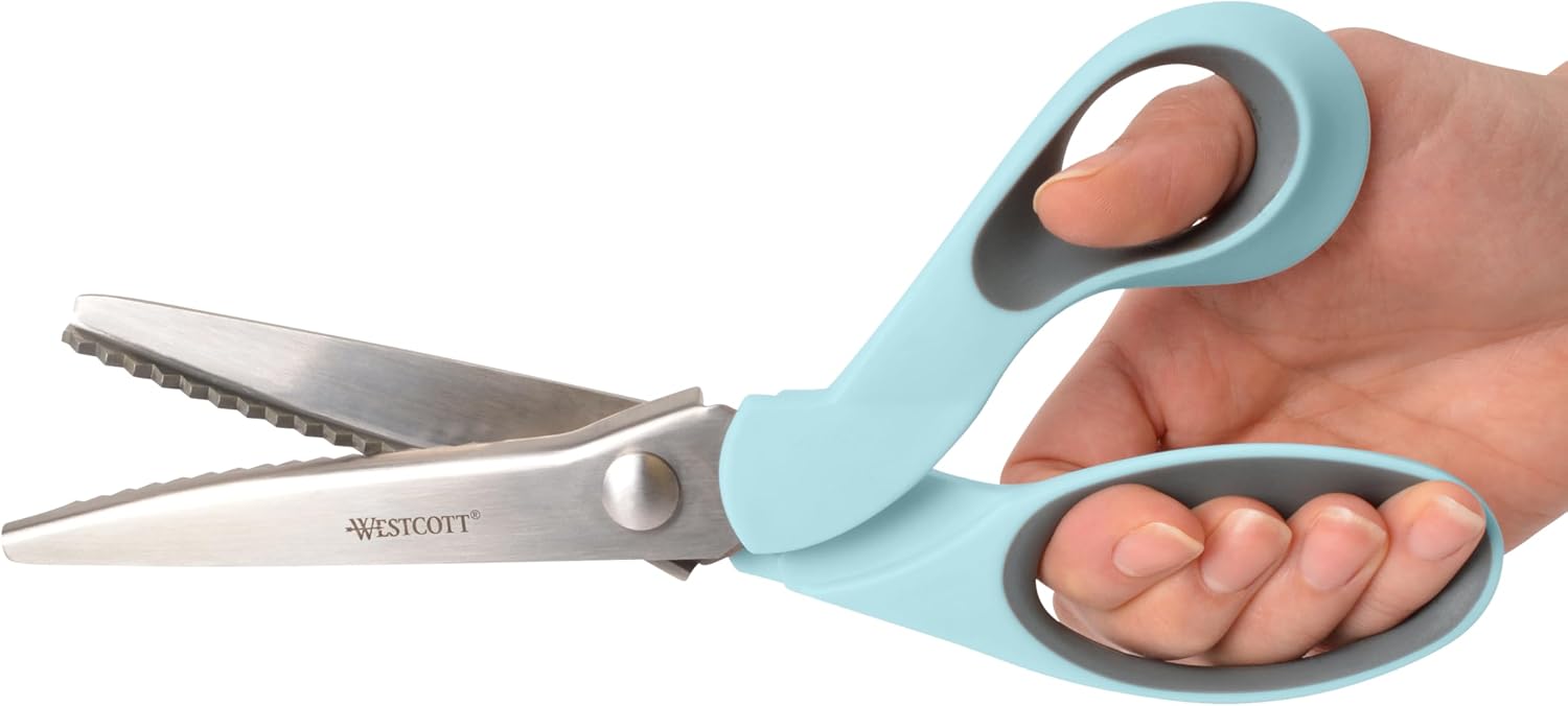 Westcott Pinking Shears for Fabric Cutting, 9.5" Titanium-Bonded ZigZag Edge, Soft Handle Scissors with Bent Handle for Crafting, Sewing, Quilting