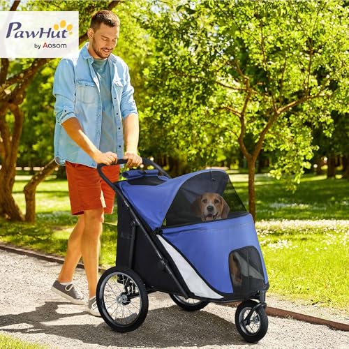 PawHut Hundewagen Hundebuggy mit Netzfenstern, Klappbarer Katzenwagen mit Sicherheitsleine, große Gummiräder für Mittelgroße, Große Hunde bis 30 kg, Oxford, Blau