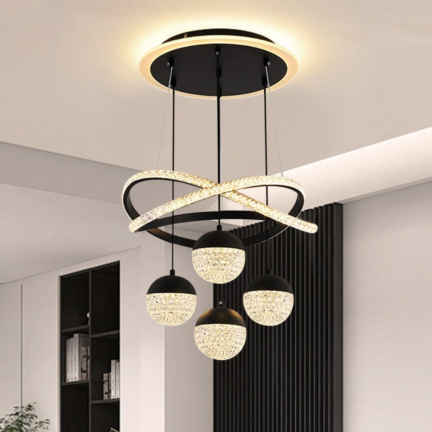 KXEcoLife Modern Chandelier - Dimmable Pendant Light for Kitchen Island Dining Room & Living Adjustable Height Ceiling Fixture (Black) Elegant Home Decor Lighting