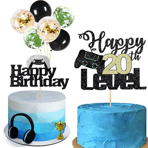 Videospiel Tortendeko Geburtstag Junge,20th Geburtstag Torten Deko Happy 20th Level Tortendeko+Happy Birthday Kuchen Deko+Luftballon Cake Topper für Kinder Party Dekoration (Happy 20th Level) Cover