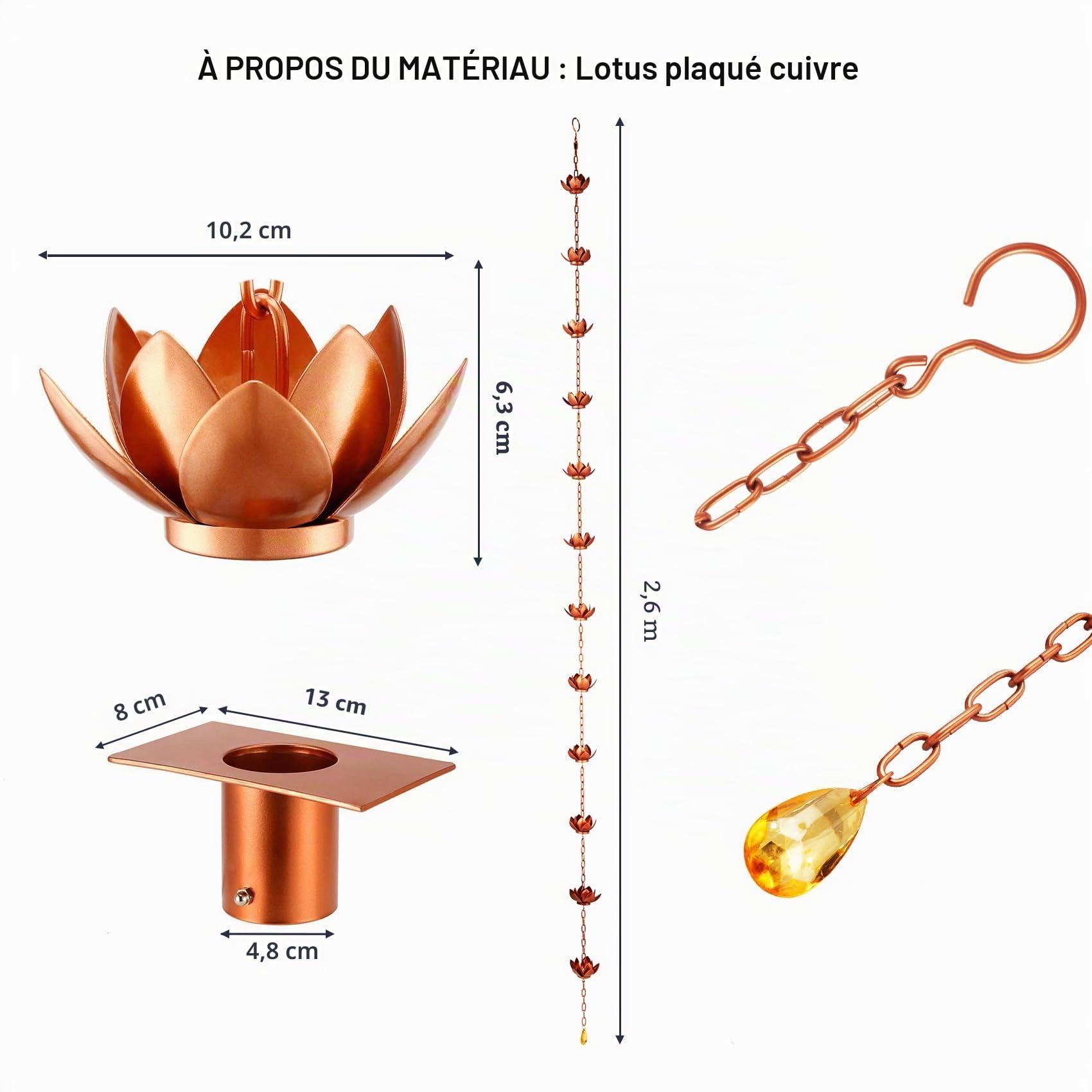 Rifachua 2,59 m Chaîne de Pluie pour Descentes de Pluviales Extérieures, Chaîne de Pluie en Cuivre avec Motif Lotus, Remplacement Fonctionnel et Décoratif pour Descentes de Pluviales