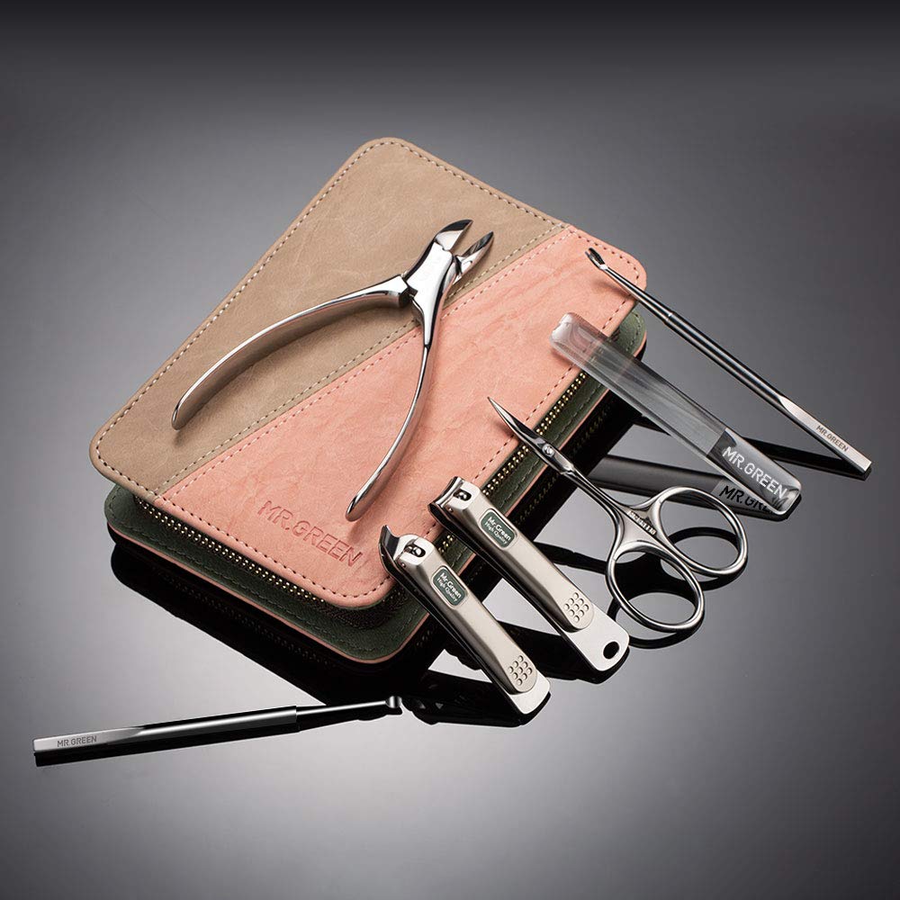 Tagliaunghie Set Professionale, 7 in 1 Manicure e Pedicure Set con Lussuosa Custodia da Viaggio in Pelle Grooming Kit Strumenti, Nail Clippers per Uomo e Donna (Marrone e Rosa)