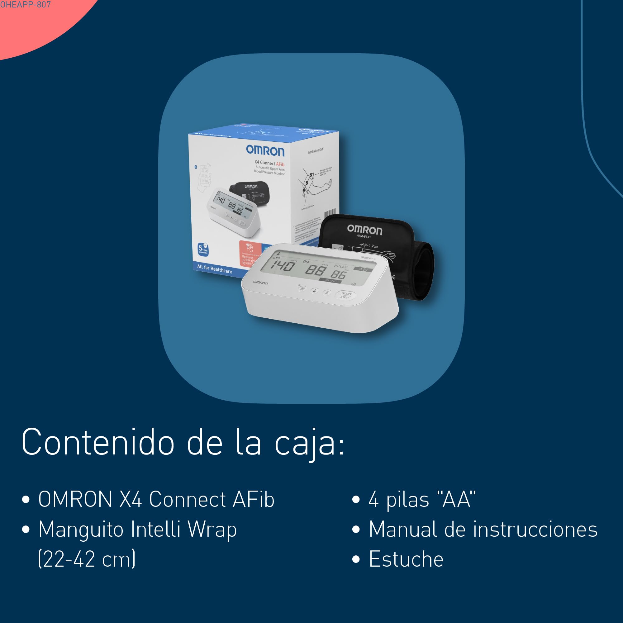 OMRON X4 Connect AFib Tensiómetro de brazo Detección fibrilación auricular Bluetooth App OMRON connect Validado clínicamente 22-42 cm