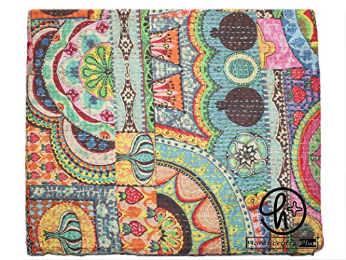 Handicrafts Plus Kantha Quilt Cotton Handmade Blanket Multi Color Bedding Gudari Hippie Blankets Indoor Bedroom Coverlet Twin/Single (60X90 Inches)
