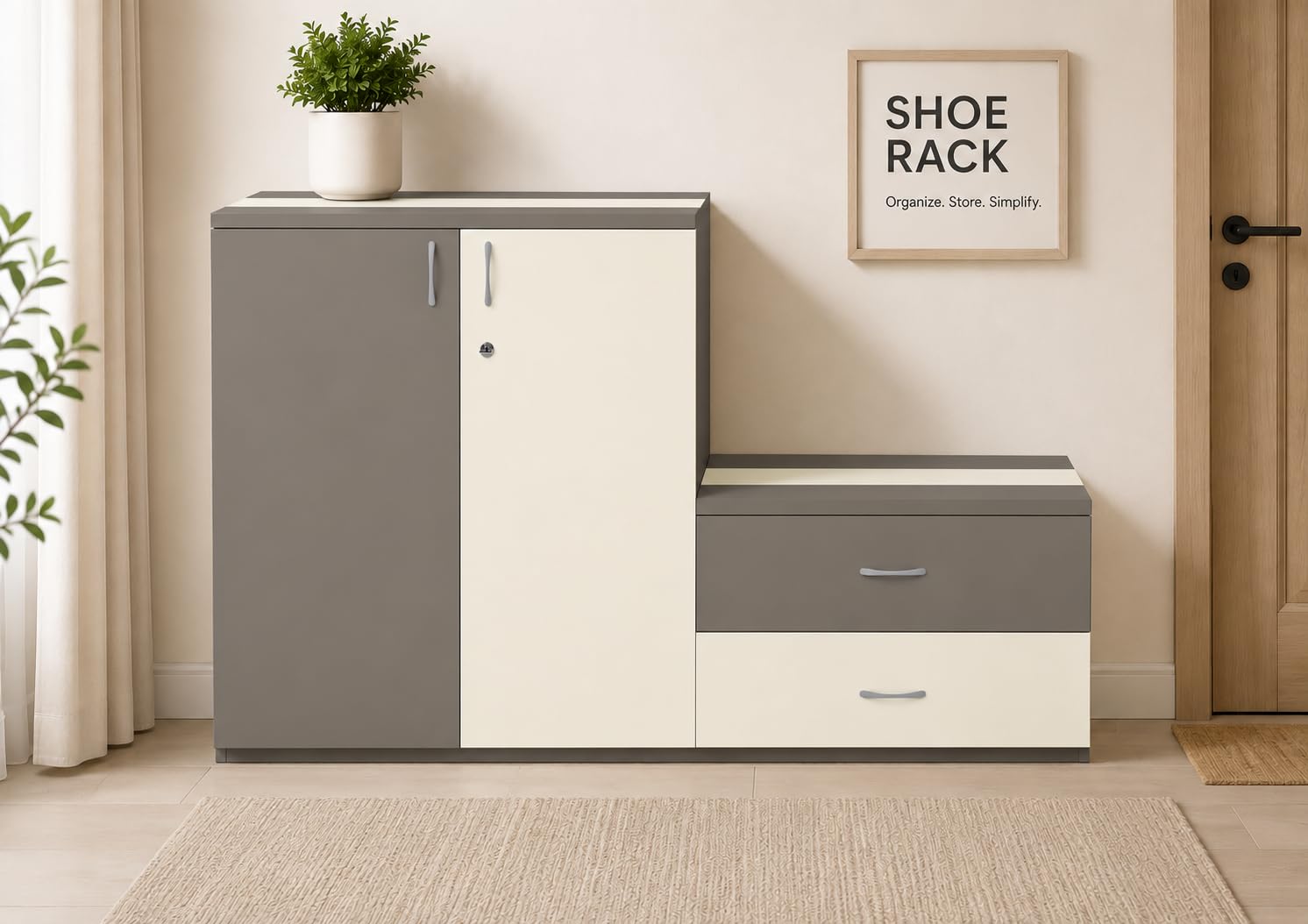 Culture Shoe Rack Cabinet with Side Sitting Stool for Shoe Wearing Size :- 3ft Height x 5ft Width Colour:- Frosty White with Bronze-image-16