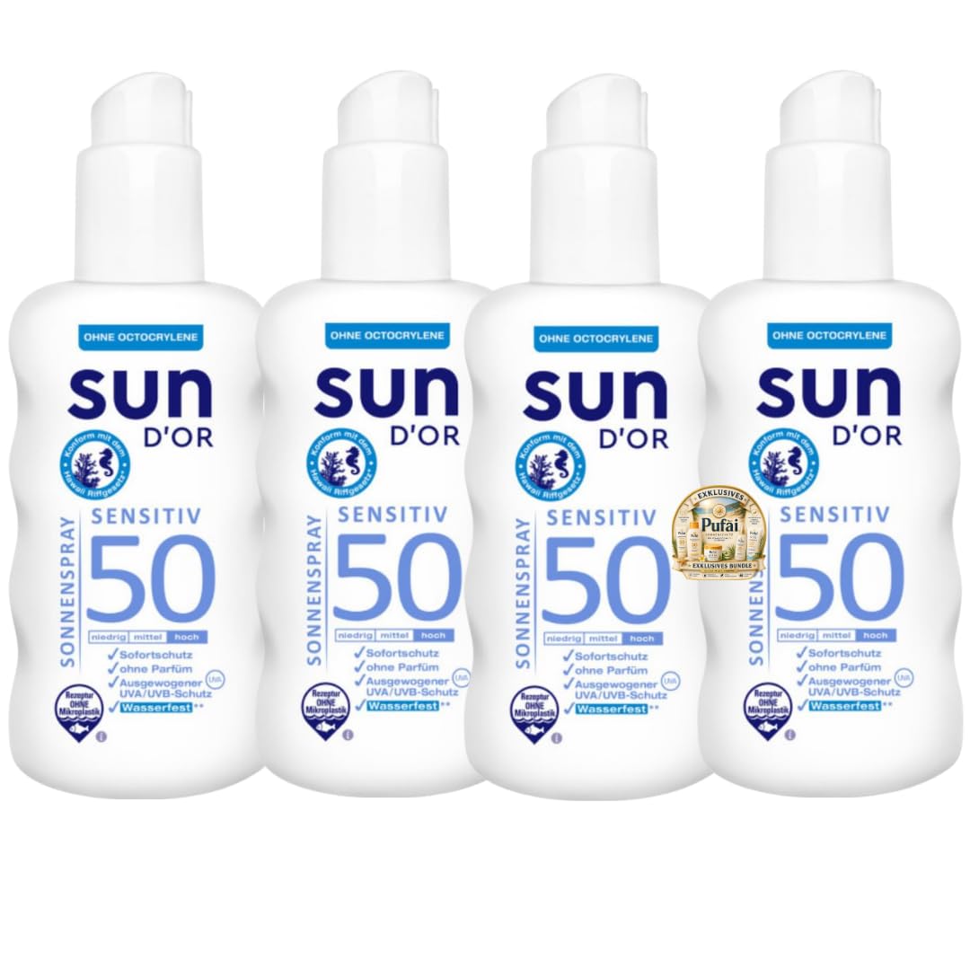 Sun D'OR Sonnenpray Sensitiv Sonnencreme Sonnenschutzmittel Sun UV Dry Protect Sport Sonnencreme LSF50 200 Mililiter x 4 STÜCK Mit Pufai Überraschungsgeschenk