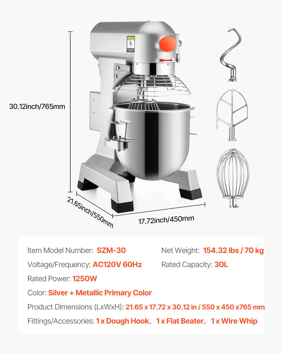 Happybuy 30L profesjonalny mikser do żywności z 3 regulowanymi prędkościami, 3-litrowy, komercyjny robot kuchenny ze stali nierdzewnej, do piekarni / restauracji/wypieków