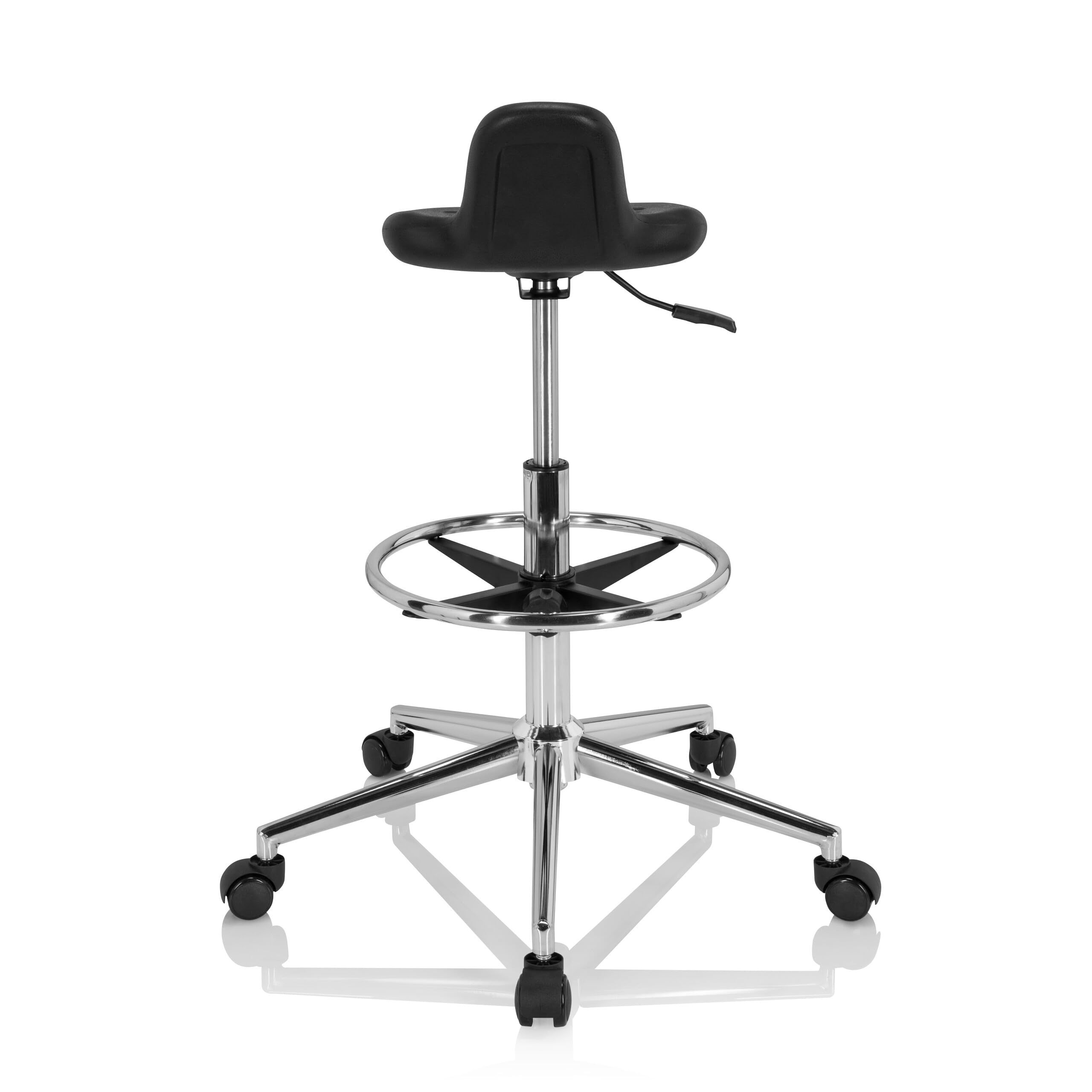 hjh OFFICE 830099 Arbeitshocker hoch TOP Work 03 I PU-Hartschaum Schwarz Drehhocker mit Rollen & Gleiter, höhenverstellbar