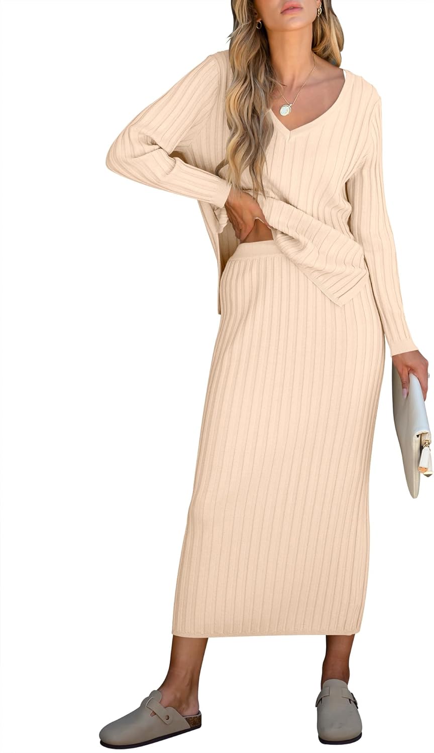 ANRABESS Women's 2 Piece Outfits Sweater Skirt Sets Casual Long Sleeve V Neck Ribbed Knit Tops Midi Dress 2025 Fall Fashion