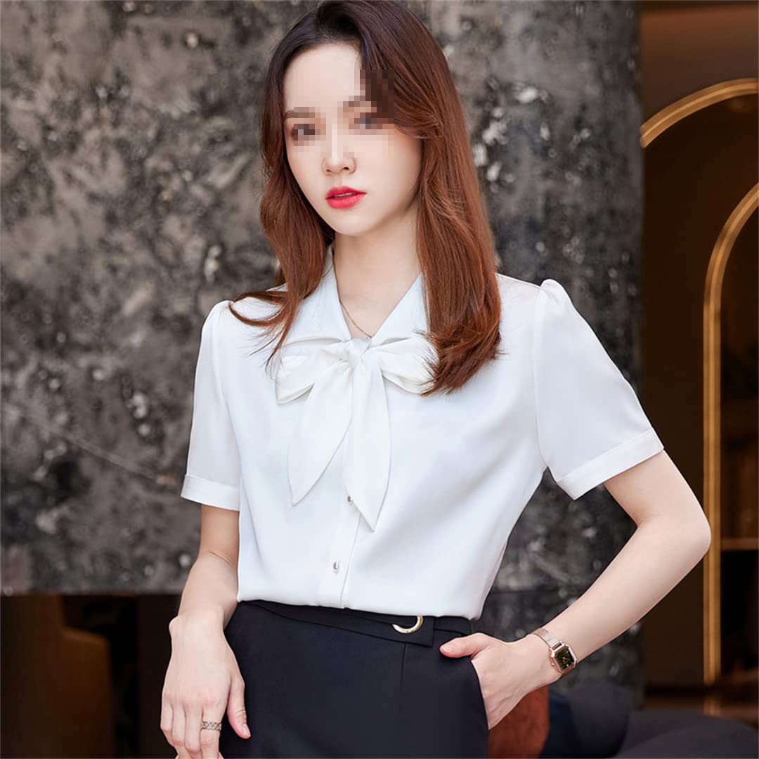 Camisa con Lazo para Mujer, Blusa Rosa de Manga Corta de Verano de Gasa, Blusas de Acetato, Camisa de Trabajo Holgada Informal para Mujer de Oficina