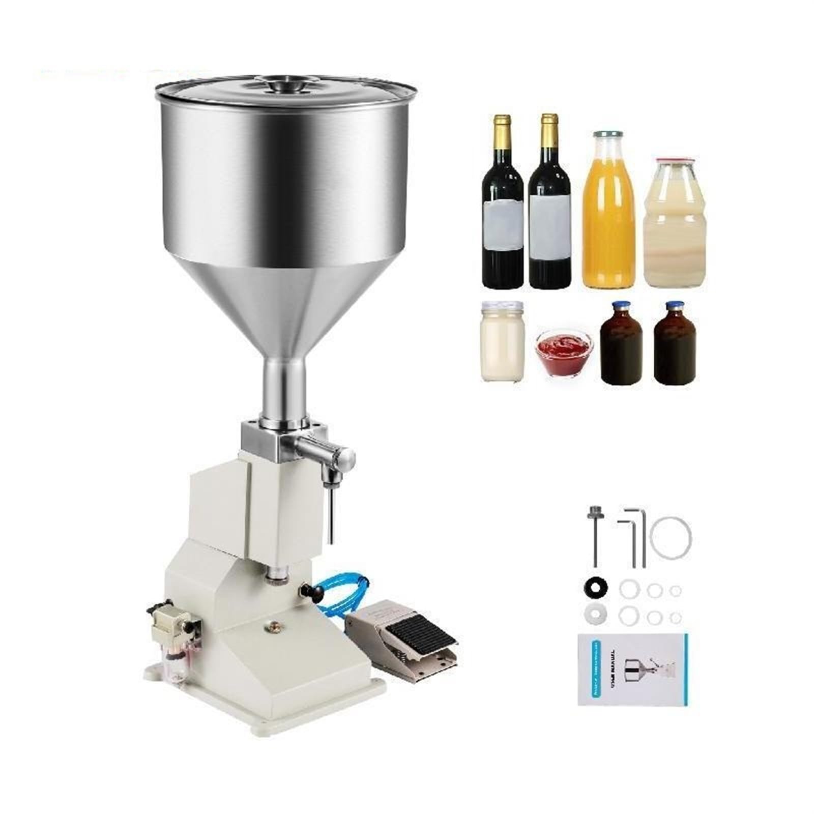 5-50ML Pneumatic Filling Machine 10Kg Hopper Commercial A2 Bottle Filler with Set of Accessories for Liquid Paste Cosmetic