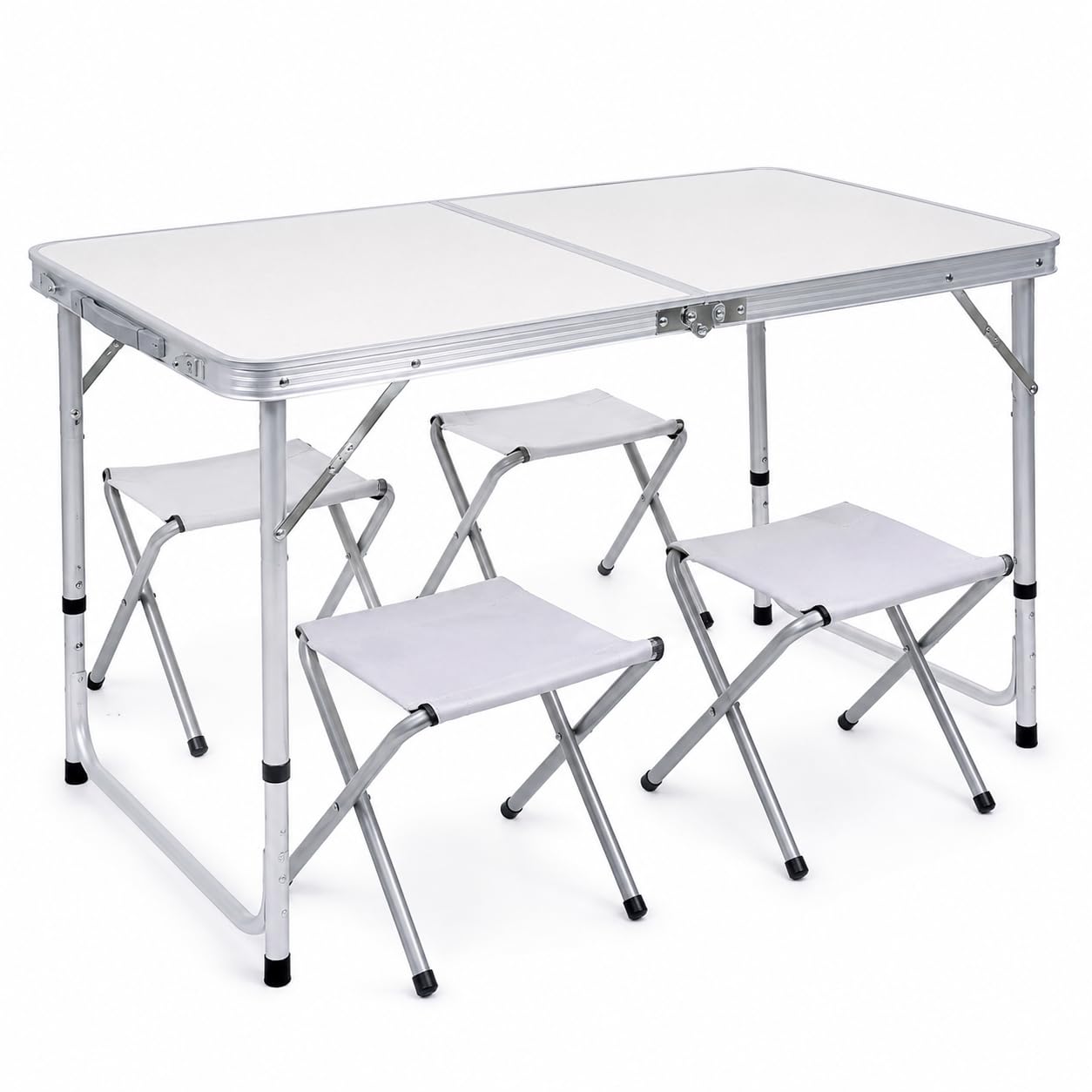 Generico Tavolo Pieghevole da Campeggio con 4 Sgabelli Inclusi, Tavolo Picnic Portatile Richiudibile con Altezza Regolabile 55/62/70 cm, Tavolo da Giardino Campeggio Pesca BBQ Escursioni 120x60 cm
