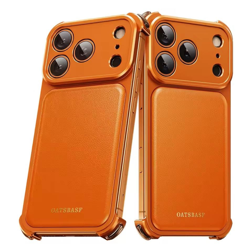 Image of Luxury Leather Phone Case Compatible with iPhone 17 Pro | Frameless Aluminum Alloy Bumper | Shockproof Cover - Orange Titanium