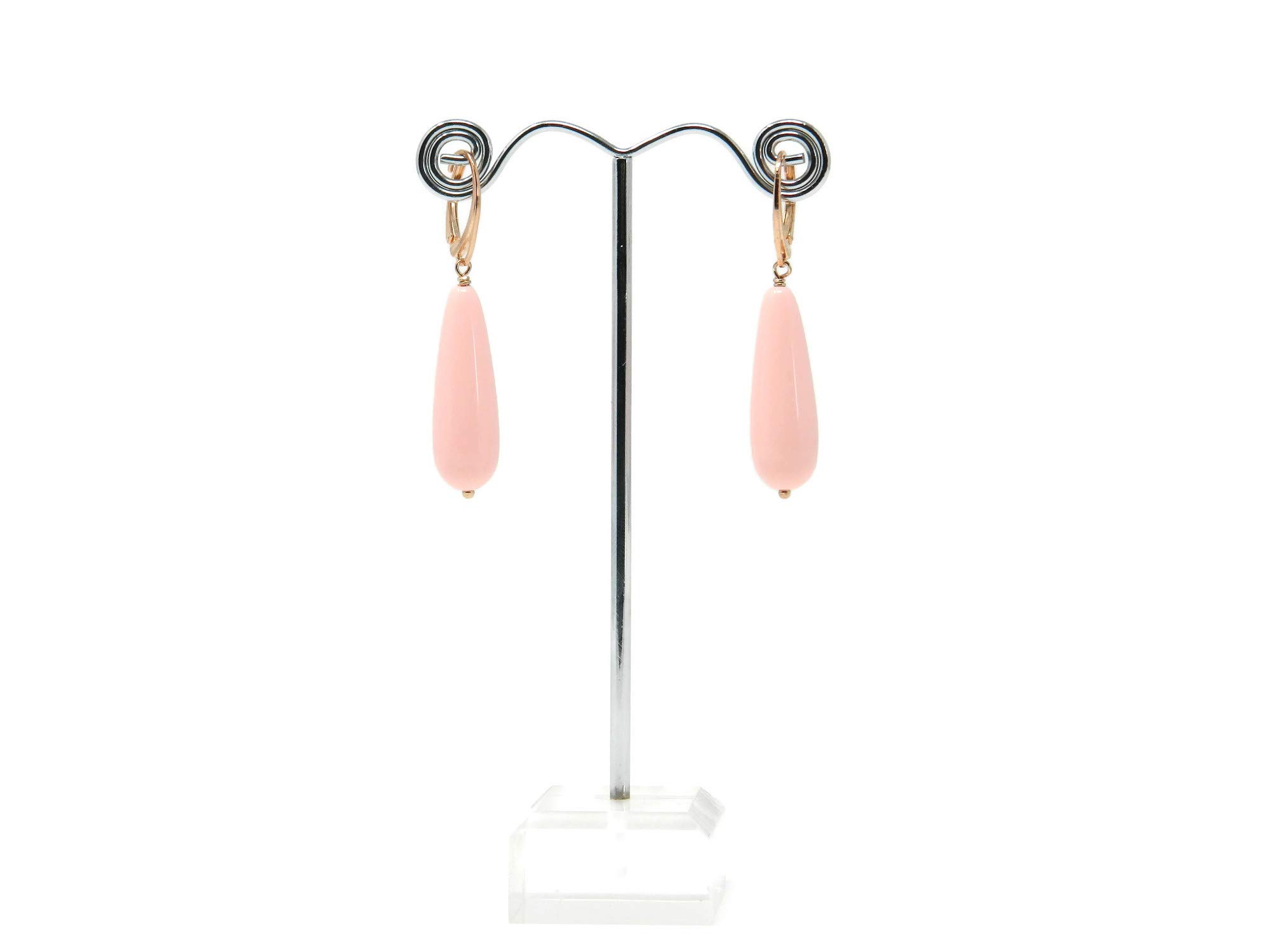 DodiGioielli Orecchini Pendenti Pasta di Corallo Rosa Chiaro Goccia Liscia | Artigianali, 10x30 mm, Argento 925 Placcato Oro Rosa, Made in Italy, Nickel-Free