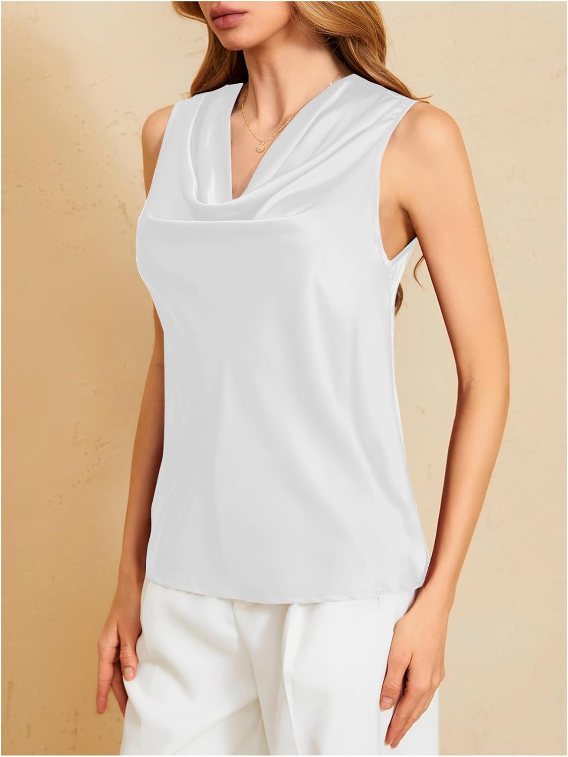 MakeMeChic Women's Draped Cowl Neck Camisole Silk Satin Tank Tops Office Work Shirt Summer Blouse - Image 3