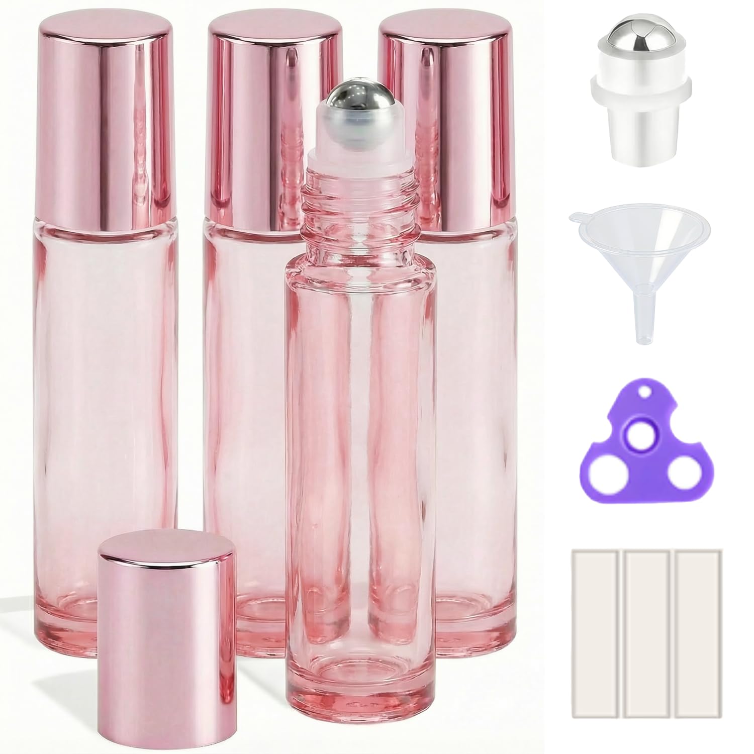 PrettyCare 4 Pack, 10 ml Essential Oil Roller Bottles with Stainless Steel Roller Ball - Refillable Leak-proof Empty Thick Pink Glass Roll on Bottles