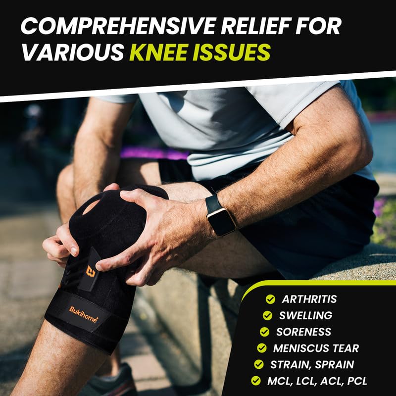 Miniatura 4 de Bukihome Rodillera con almohadillas de gel y estabilizadores laterales para aliviar el dolor, compresión ajustable para desgarro de menisco,