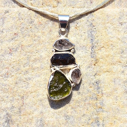 Real Czech Republic Moldavite Crystal with Rough Herkimer Diamond Pendant Self Healing High Vibration Energy Tektite Stone Moldavite Pendant Ideal For Gift (Sterling Silver)3