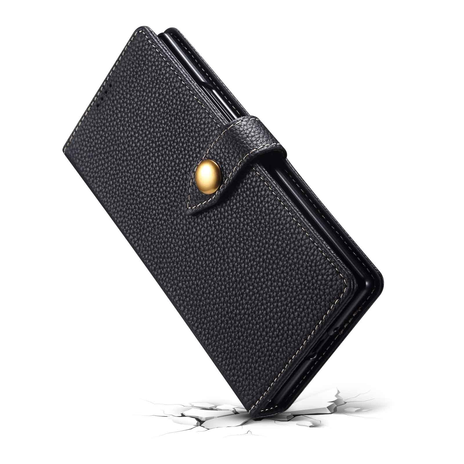 Funda con Tapa For Samsung Galaxy Z Fold 8 Ultra, Funda De Cuero Genuino Textura Litchi Ranuras For Tarjetas Cierre Magnético Forro De Fibra Carcasa De Protección contra Caídas(Gold)