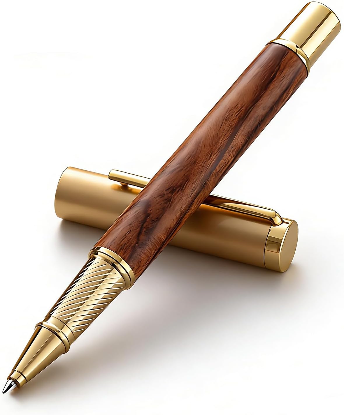 Luxury Rollerball Pen, Natural Black Walnut Wood & Metal Executive Writing Pen, Fine Point Smooth Ink, Professional Business Signature Pen Gift Set with Metal Case for Men Women