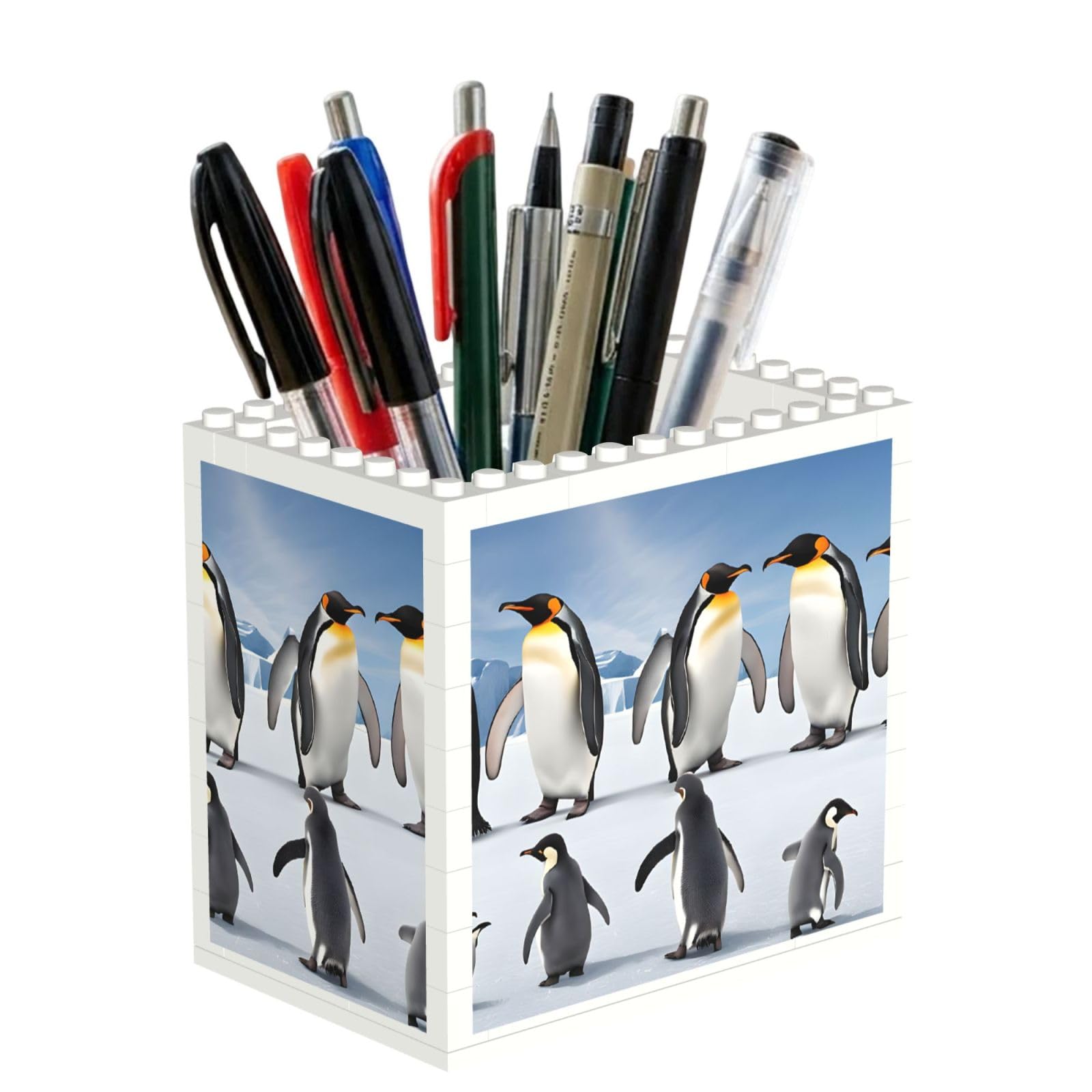 ESNAIUVCD Penguin Print Building Block Pen Holder - Pencil Holder For Desk/Classroom,Desk Accessories, Multifunctional Office Supplies Pen Organizer Pencil Cups(1pcs)