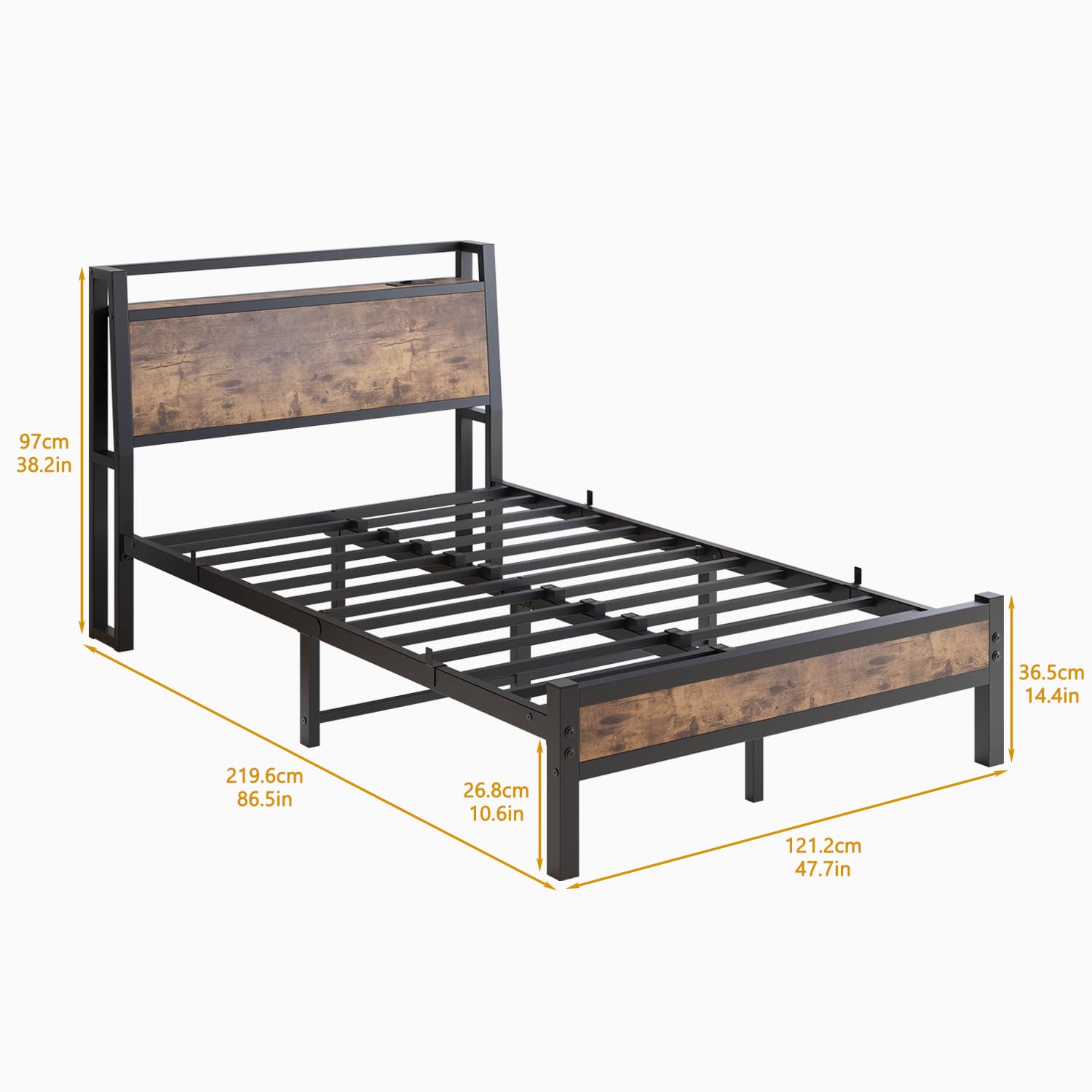 HAHRIR 120 x 200 cm, metalen bedframe met hoofdeinde en laadstation/ledverlichting, metalen bedframe, sterk stalen lattenrooster, rustiek bruin