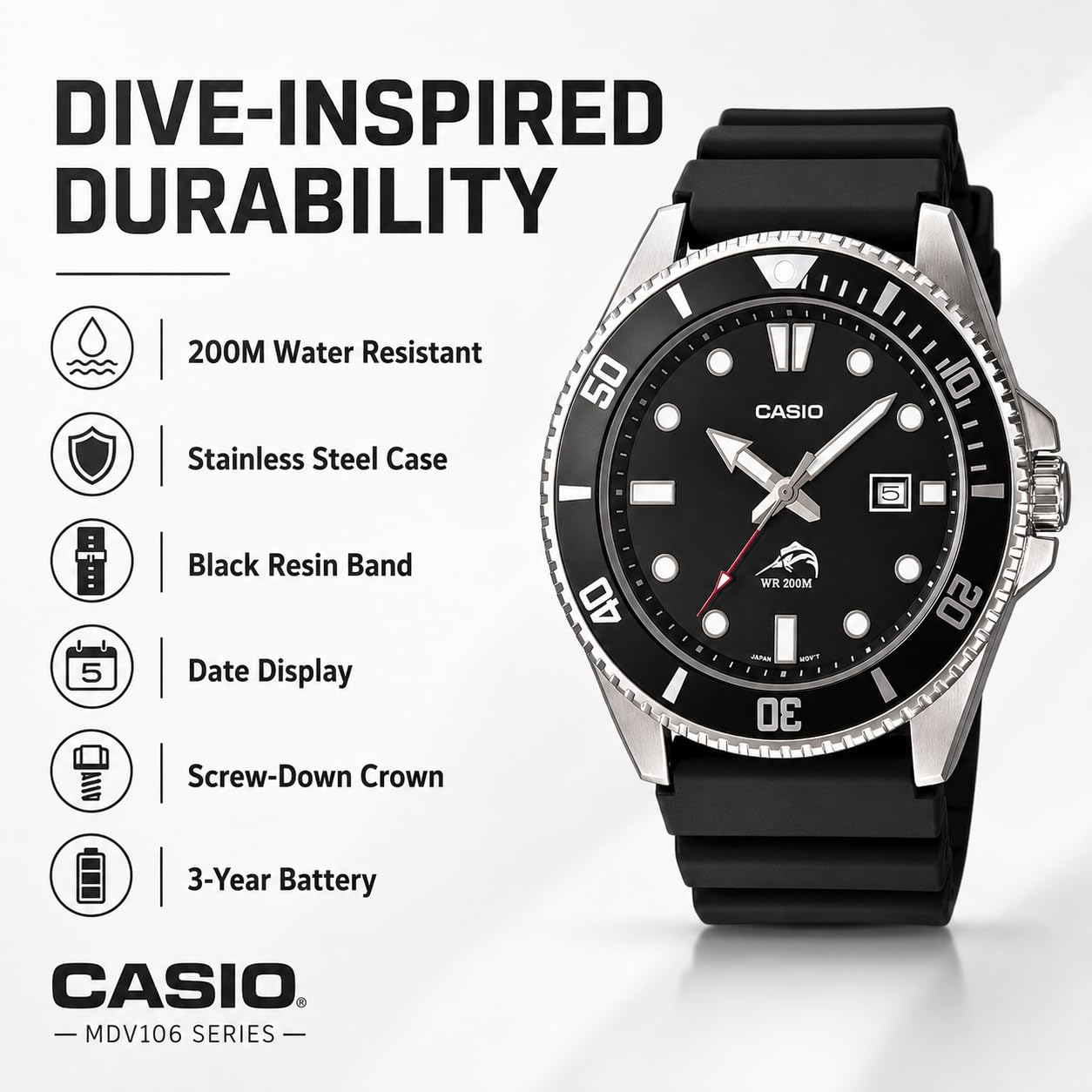 Casio Serie MDV106 | Orologio analogico unisex | 200M WR | Cassa in acciaio inossidabile | Cinturino in resina | 2 lancette analogiche (HR, Min, SEC) | Display della data | Corona a vite/fondello a
