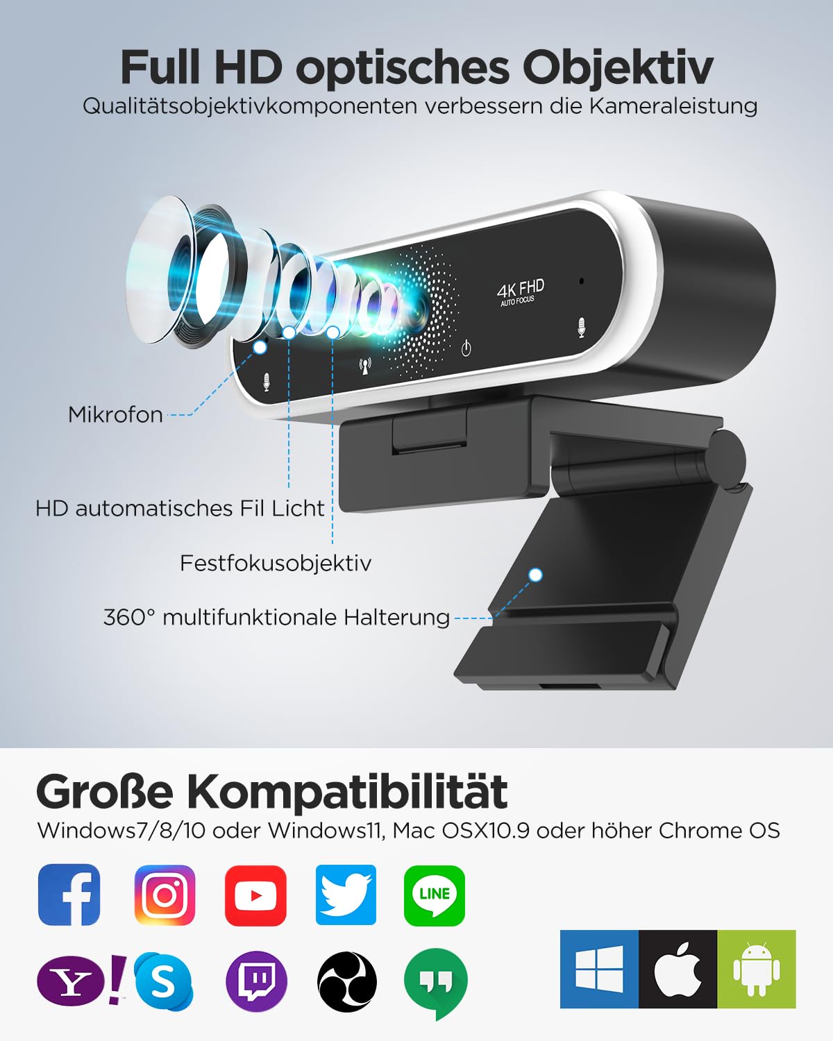 NIVEOLI Webcam 4K con microfono e copertura webcam, treppiede, desktop, per streaming live videochiamata, conferenza, lezioni online, gioco plug & play con correzione automatica della luce per