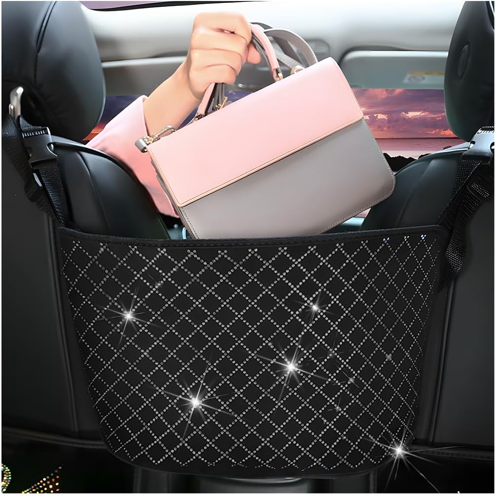 Black Bling Car Net Pocket Handbag Holder with Rhinestones